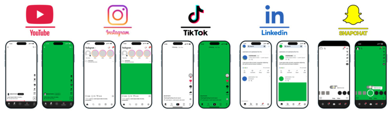 PNG Instagram YouTube TikTok Snapchat LinkedIn UI mockup set with post feed frame and mobile interface layout