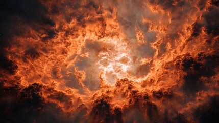 Dramatic sky filled with swirling orange and black clouds. The sunlight struggling to penetrate the thick cloud cover