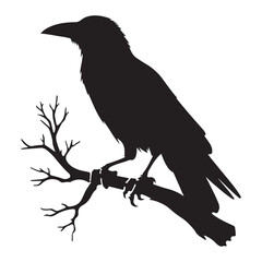 Fototapeta premium Crow sitting on dry tree branch silhouette isolated on white background. Icon vector illustration design.