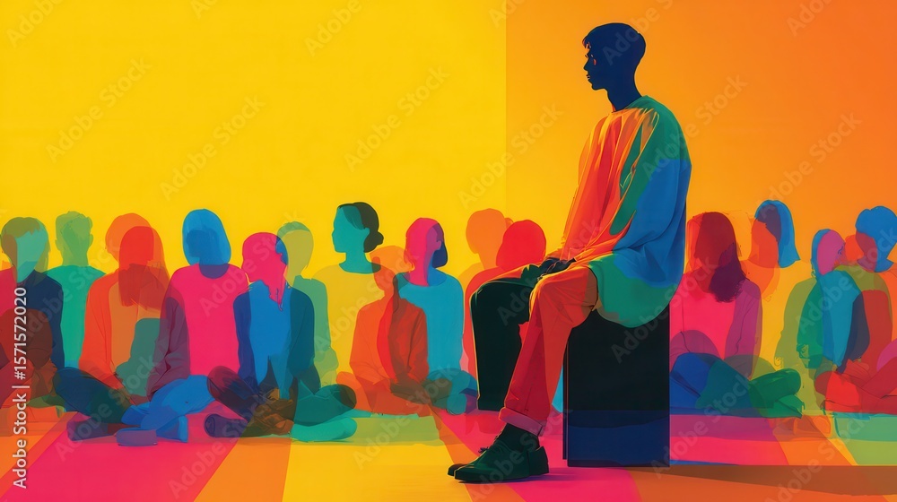 Poster presentation scene with colorful zones and diverse teams in a class setting