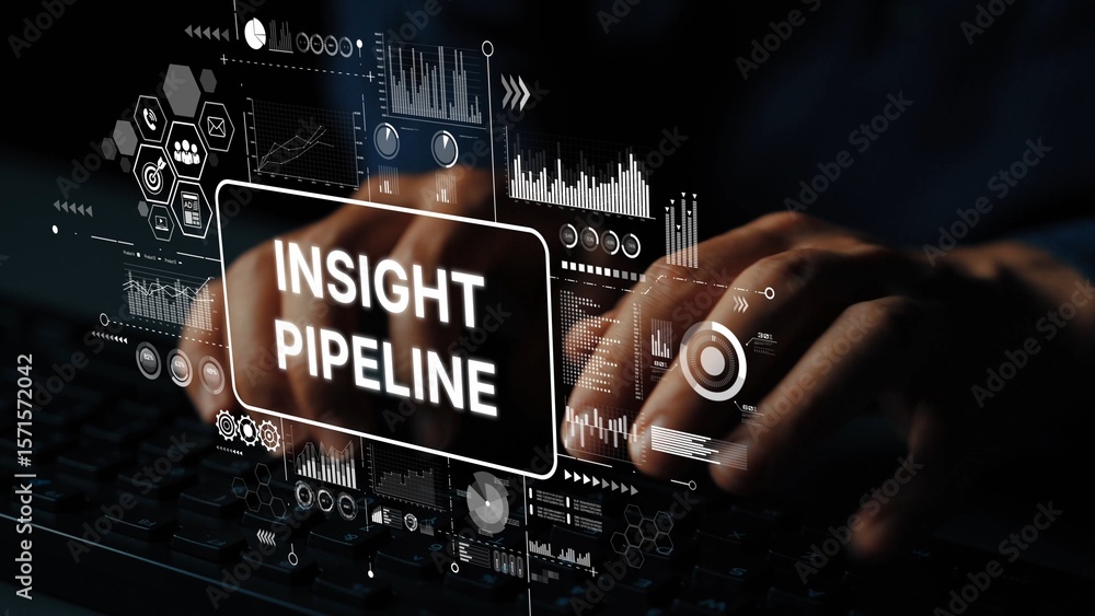 Poster digital data analysis concept with hands typing and visual graphs for insight pipeline interpretatio