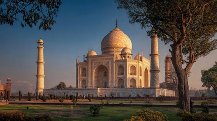 Obraz premium The Taj Mahal bathed in the warm glow of late afternoon sun, subtle shadows enhancing its grandiosity, clear blue sky, peaceful setting, cinematic quality, high resolution