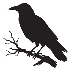 Fototapeta premium Crow sitting on dry tree branch silhouette isolated on white background. Icon vector illustration design.