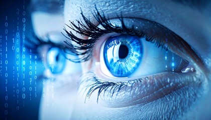 Close-up of bright blue eyes with digital code overlay