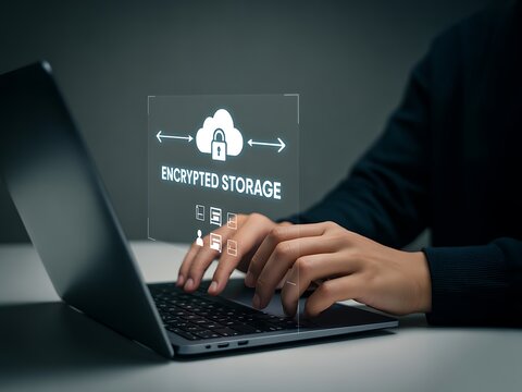 Person typing on laptop with digital cloud storage interface hands