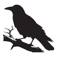 Fototapeta premium Crow sitting on dry tree branch silhouette isolated on white background. Icon vector illustration design.