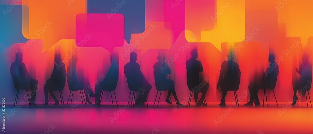 Poster futuristic group brainstorming session around a colorful table with creative ideas and vibrant speec