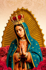 Traditional portrayal of Lady Guadalupe surrounded by roses with glowing aura, starry mantle. Woman silhouette, meditation at night under light sky. Angel of love, beauty