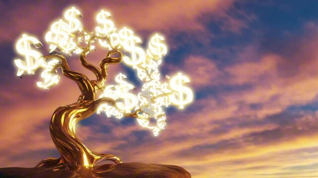A golden bonsai tree with $ signs as leaves, serene background, peaceful wealth NFT loop