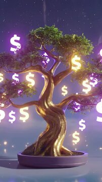 vertical 9:16 A bonsai tree with $ signs as leaves, serene background, peaceful wealth NFT loop