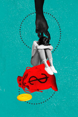 3d pop image vertical art collage of businesswoman cry hug knee hand steal dollar coin bag inflation collapse crisis economy