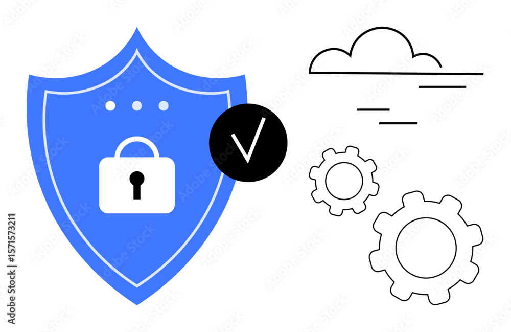 Poster lock on shield with checkmark for security, gears for processes, cloud for connectivity. ideal for c