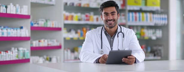 The pharmacist smiling while using a tablet in a modern pharmacy setting.