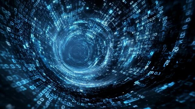 Experience a captivating digital landscape featuring a swirling tunnel of bright blue binary code that embodies the essence of artificial intelligence and data analytics conveying the