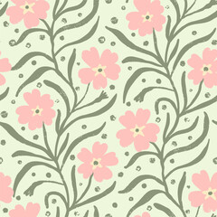 Tender trailing flowers with leaves seamless pattern. Cute floral background. Spring summer blooms repeat.