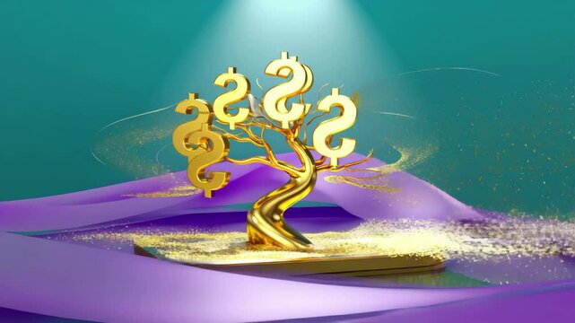 A golden bonsai tree with $ signs as leaves, serene background, peaceful wealth NFT loop