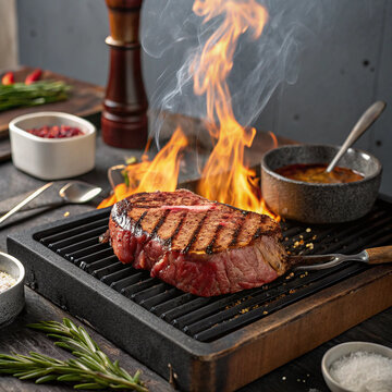 Grilled steak with sizzling juices, floating over a softly blurred outdoor barbecue setting