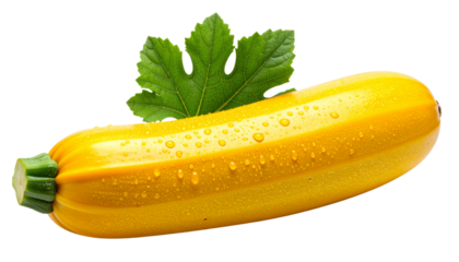  “Yellow Zucchini with Water Droplets and Artistic Leaf Accent, Isolated PNG”.