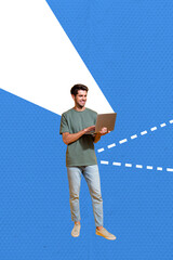 Trend artwork composite 3D photo collage design of virtual internet netbook laptop computer young...