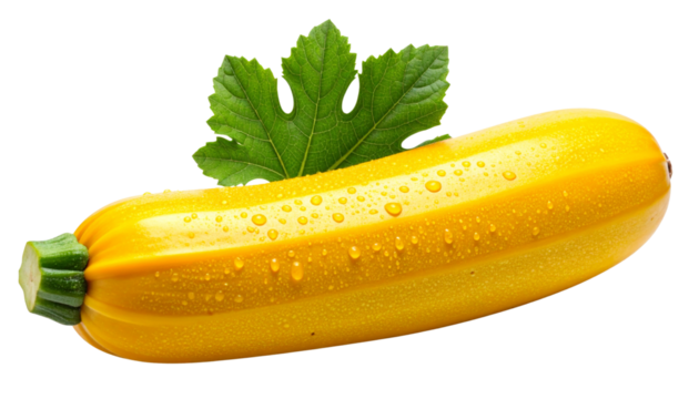  “Yellow Zucchini with Water Droplets and Artistic Leaf Accent, Isolated PNG”.