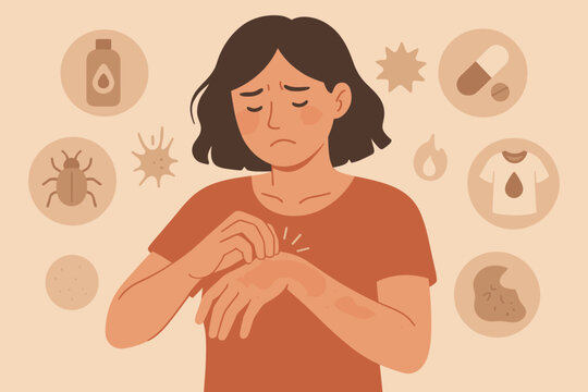 Woman scratching itchy rash on hand. Skin irritation, allergy, dermatitis, eczema, dry skin, insect bite, chemical reaction, detergent allergy, healthcare medical concept illustration