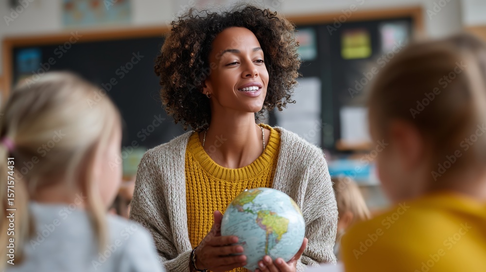 Poster educator teaches geography to children using a globe in a colorful classroom setting