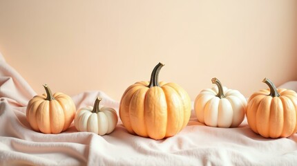 Soft autumn still life — horizontal calm background with pumpkins for commercial use.