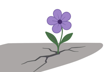 Resilient Purple Flower Growing Through Cracked Concrete, Urban Nature Survival, Hope, Perseverance, Modern Flat Vector Illustration, No Text, Blank Space