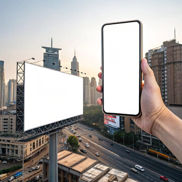 Large blank billboard illuminated at sunset in urban landscape
