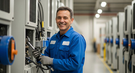 Qualified technician smiling after completing work on HVAC systems and their maintenance, working in an industrial environment, demonstrating expertise