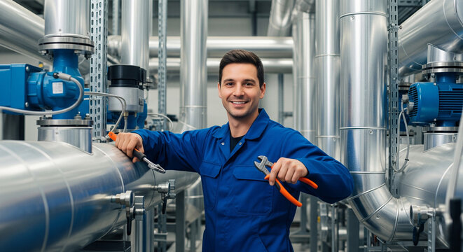 Qualified technician smiling after completing work on HVAC systems and their maintenance, working in an industrial environment, demonstrating expertise