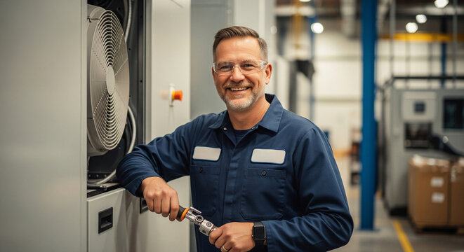 Qualified technician smiling after completing work on HVAC systems and their maintenance, working in an industrial environment, demonstrating expertise