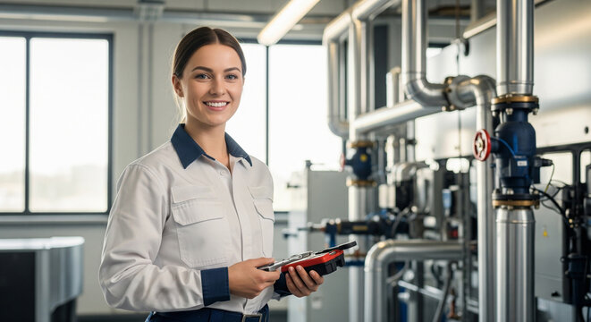 Qualified technician smiling after completing work on HVAC systems and their maintenance, working in an industrial environment, demonstrating expertise
