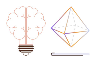 Fototapeta premium Brain-shaped lightbulb merging ideas with light, geometric prism representing structure, and pen for expression. Ideal for creativity, innovation, brainstorming, education, design, problem-solving