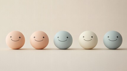 Five pastel-colored spheres with simple smiling faces, arranged in a row.  The image evokes a sense of positivity and unity. 