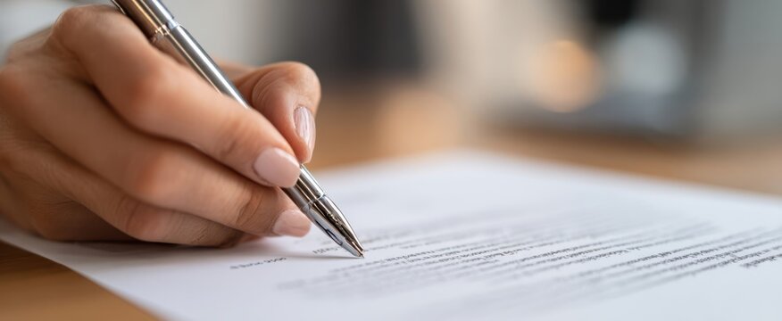 The hand writing on a document with a silver pen in a professional setting. - Powered by Adobe