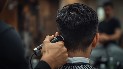 Close-up of Indian barber's hands using a trimmer on a male customer's hair, with only the back of the head visible, captured in warm light with mirror blur, evoking a calm salon moment.