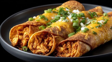 Mouthwatering chicken and cheese taquitos topped with melted cheddar and fresh green onion, highlighting their golden brown texture