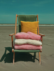 A classic beach chair with stacked pastel blankets and a yellow cushion faces the ocean. Serene coastal decor concept with layered soft textures and warm tones.