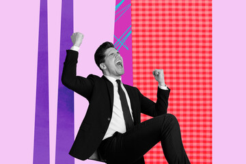 Full 3d poster art photo collage of happy businesswoman businessman stand geometric figure...
