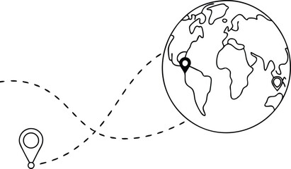 Continuous Line Art Drawing of a Globe with Map Pins and a Dotted Travel Route, Symbolizing Global Navigation, International Logistics, and Travel Planning.
