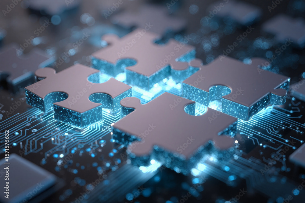 Aufkleber puzzle pieces transforming into digital data blocks