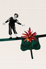 Pop trendy 3d zine vertical art collage of happy old man stand bag flower theater performer...