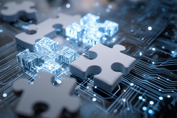 Puzzle pieces transforming into digital data blocks