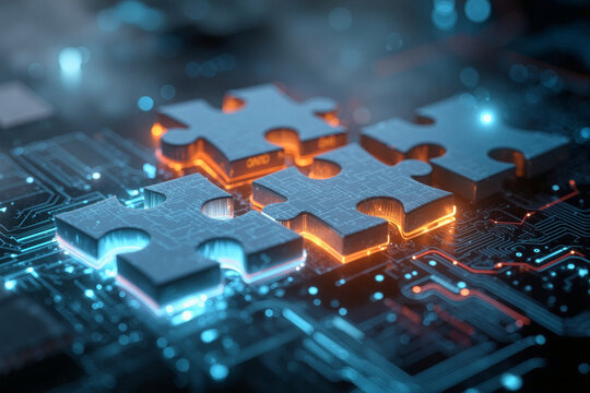 Puzzle pieces transforming into digital data blocks on circuit board - Powered by Adobe