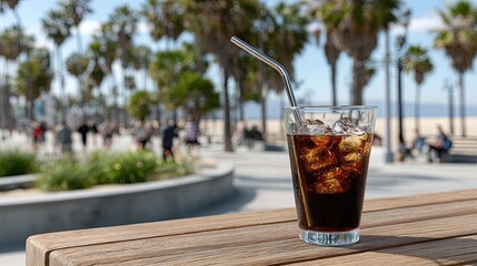 Cold cola with ice rests on a wooden bench while people stroll by in the background on a bright, lively day