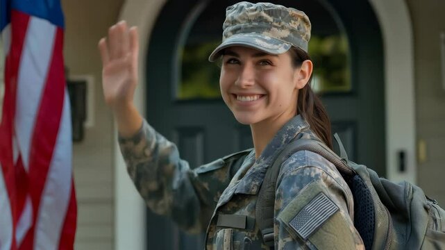 Smiling woman soldier in military uniform waving hand standing near American flag. Proud female army servicewoman returning home footage.