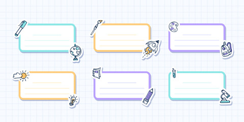 Set of colorful school themed labels with doodle school supplies and lined space for text. Hand drawn educational templates for notebook, stickers, planners, kids tags etc. Vector illustration.