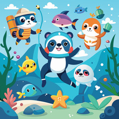 Fototapeta premium Adorable Animal Divers Underwater Adventure with Pandas, Rabbits, and Friends!