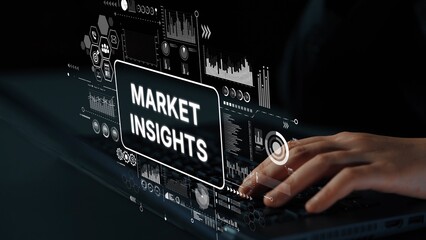Business professional analyzing digital market insights with futuristic technology on laptop...